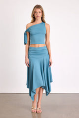 Lizzy Teal Blue Jersey Knit Asymmetrical Top