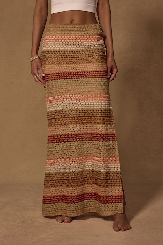 Lailey Tan Multi Striped Crochet Maxi Skirt