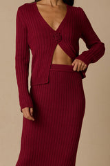 Colbina Berry Red Ribbed High-Rise Sweater Maxi Skirt