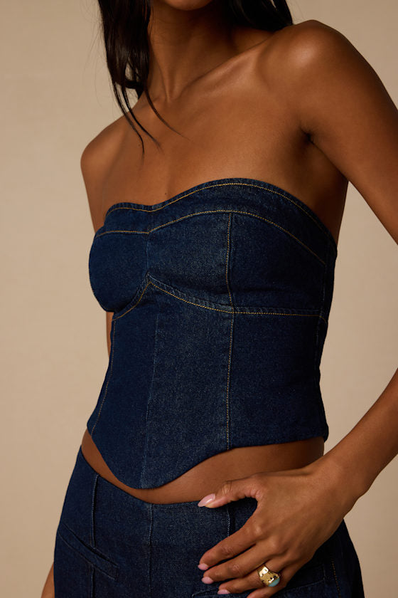 Denna Dark Wash Denim Strapless Top