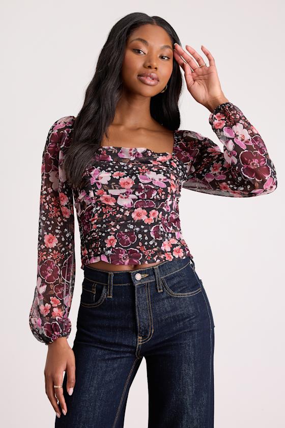 Mood Setter Black and Purple Floral Print Ruched Long Sleeve Top