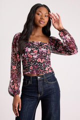 Mood Setter Black and Purple Floral Print Ruched Long Sleeve Top