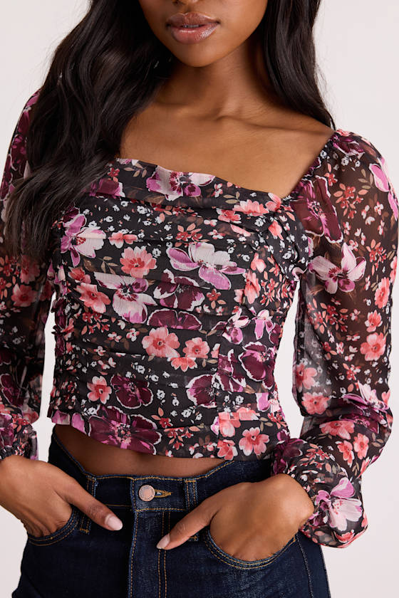 Mood Setter Black and Purple Floral Print Ruched Long Sleeve Top