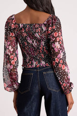 Mood Setter Black and Purple Floral Print Ruched Long Sleeve Top