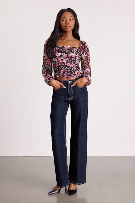 Mood Setter Black and Purple Floral Print Ruched Long Sleeve Top