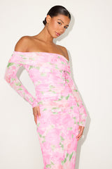 Amorette Pink Floral Mesh Off-the-Shoulder Maxi Dress