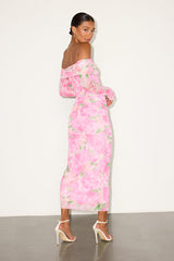Amorette Pink Floral Mesh Off-the-Shoulder Maxi Dress