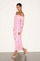 Amorette Pink Floral Mesh Off-the-Shoulder Maxi Dress