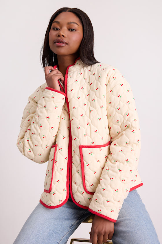 Bundled Perfection Cream Cherry Print Quilted Puffer Jacket