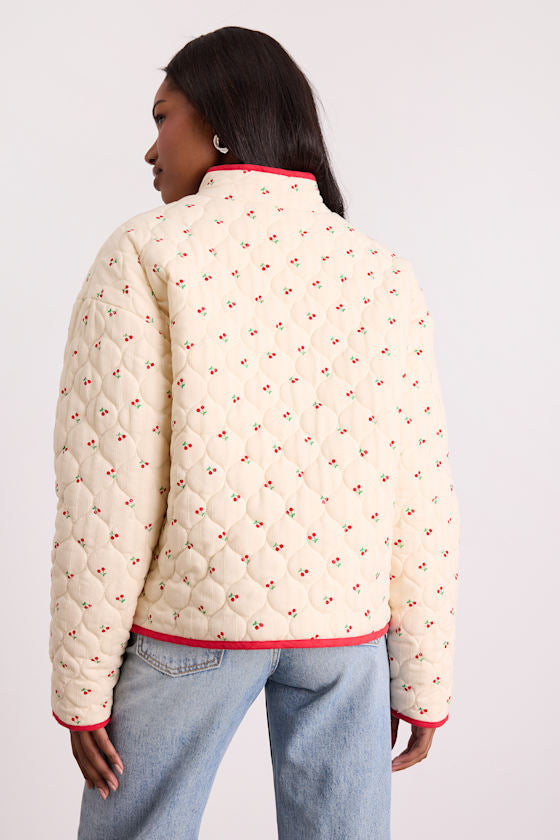 Bundled Perfection Cream Cherry Print Quilted Puffer Jacket