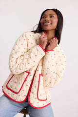 Bundled Perfection Cream Cherry Print Quilted Puffer Jacket