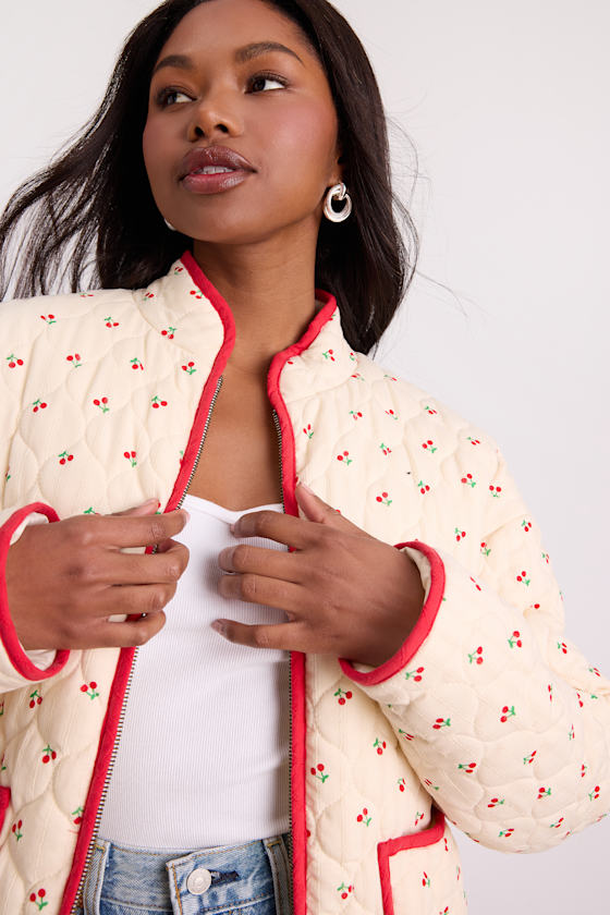Bundled Perfection Cream Cherry Print Quilted Puffer Jacket