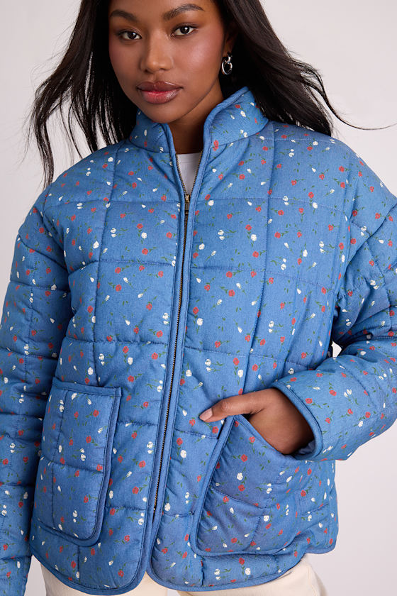 Bundled Perfection Bright Blue Floral Quilted Puffer Jacket