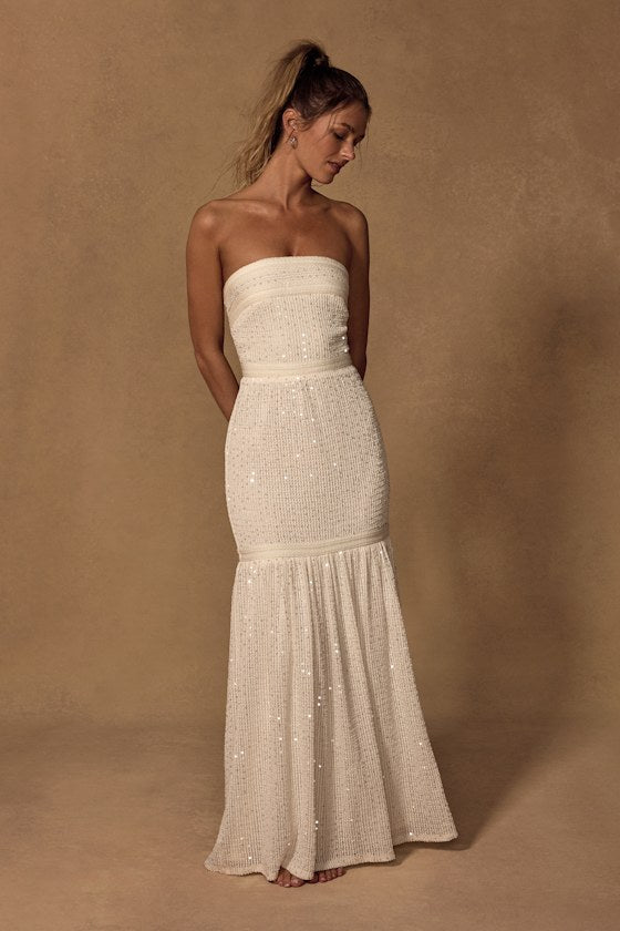 Sutri Cream Crochet Sequin Strapless Maxi Dress