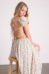 Wanda Ivory Ditsy Floral Tie-Back Puff Sleeve Maxi Dress