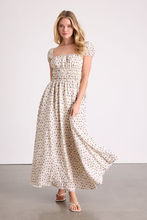 Wanda Ivory Ditsy Floral Tie-Back Puff Sleeve Maxi Dress