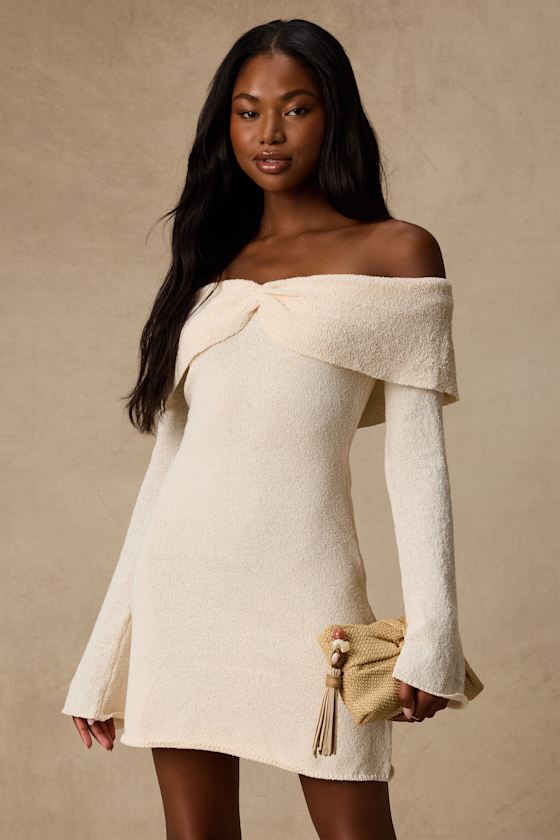 Pemryn Cream Off-the-Shoulder Mini Sweater Dress