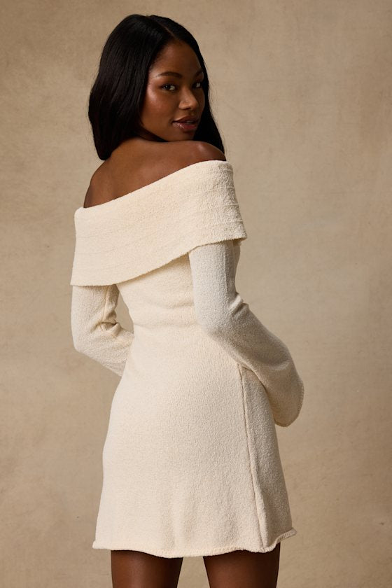 Pemryn Cream Off-the-Shoulder Mini Sweater Dress