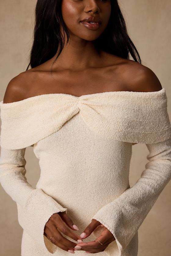 Pemryn Cream Off-the-Shoulder Mini Sweater Dress