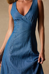 Miranda Medium Wash Denim Sleeveless Midi Dress