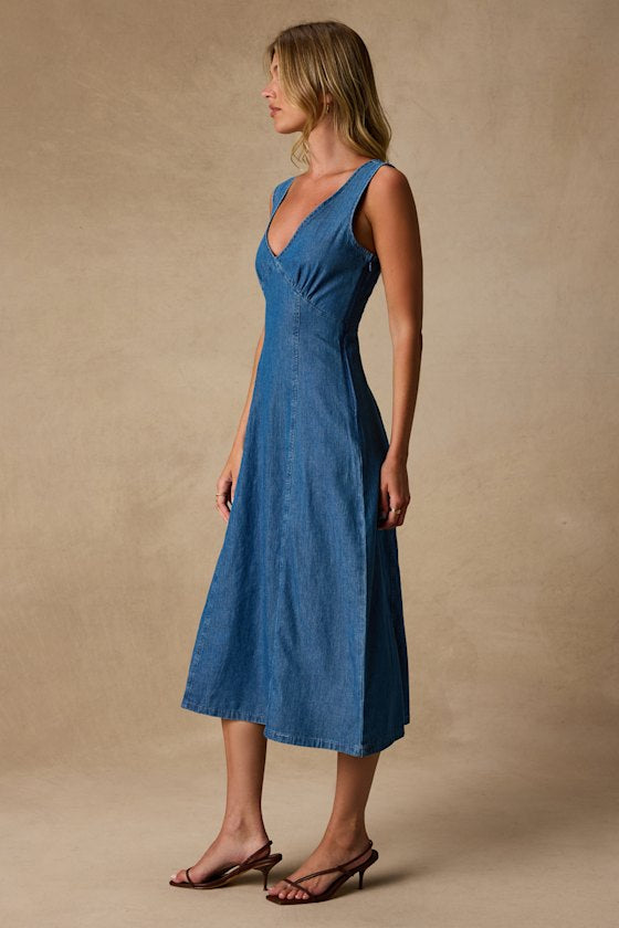 Miranda Medium Wash Denim Sleeveless Midi Dress
