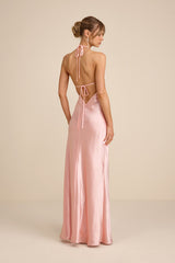 Magnificence Blush Pink Satin Backless Halter Maxi Dress