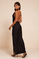 Daney Black Satin Cross-Front Halter Maxi Dress