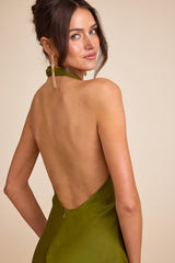 Daney Olive Green Satin Cross-Front Halter Maxi Dress