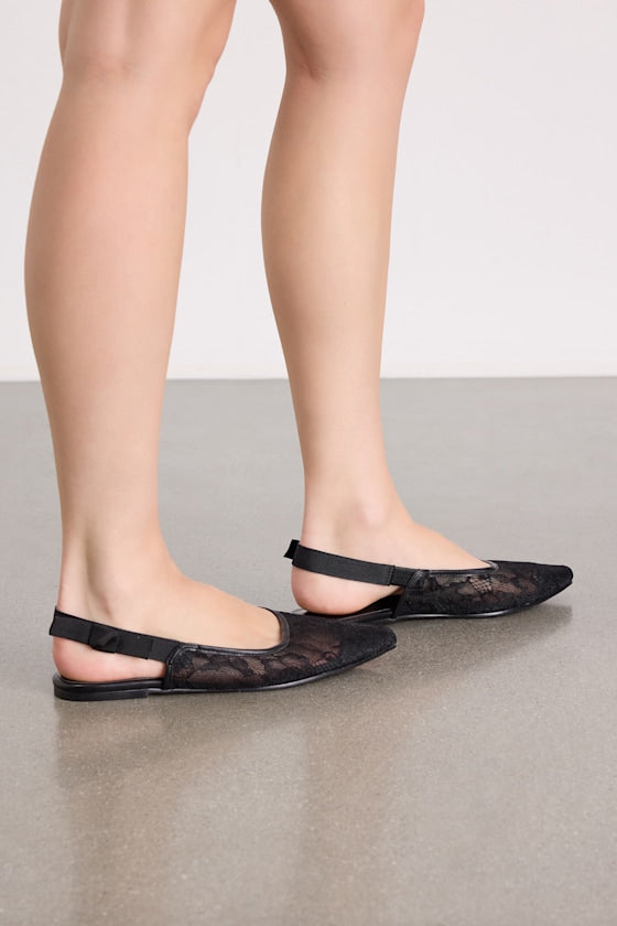 Brianna Black Lace Pointed-Toe Slingback Flats
