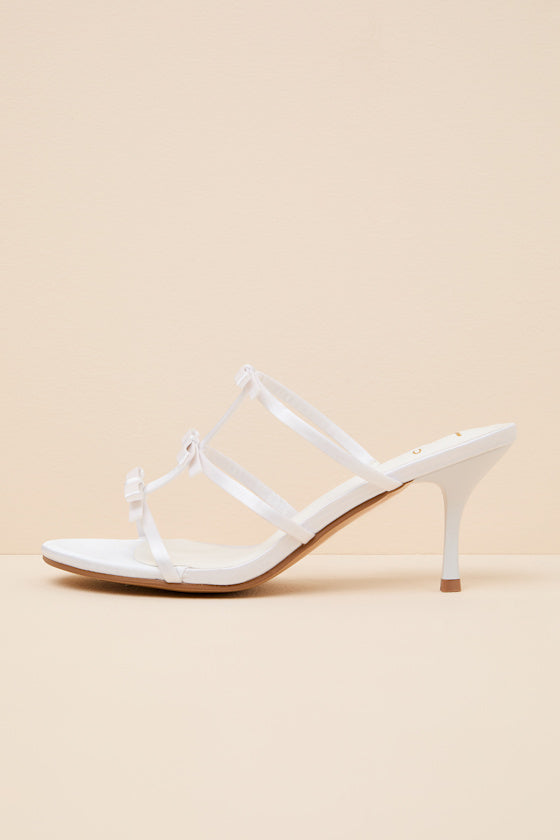 Millie White Satin Strappy Bow High Heel Slide Sandals