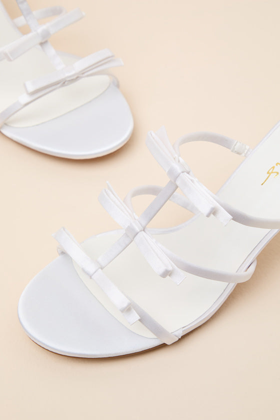 Millie White Satin Strappy Bow High Heel Slide Sandals