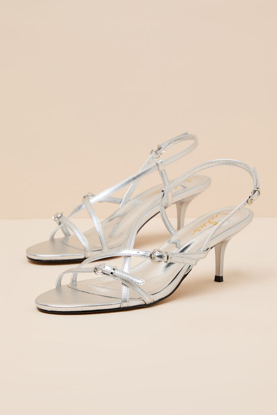 Sara Silver Strappy Slingback High Heel Sandals