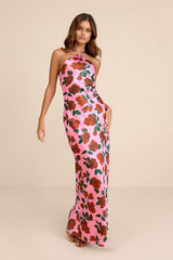 Malito Pink Rose Print Satin Lace-Up Maxi Dress
