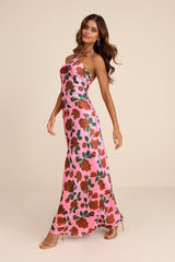 Malito Pink Rose Print Satin Lace-Up Maxi Dress