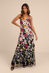 Rosario Black Multi 3D Floral Embroidered Maxi Dress