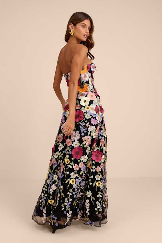Rosario Black Multi 3D Floral Embroidered Maxi Dress
