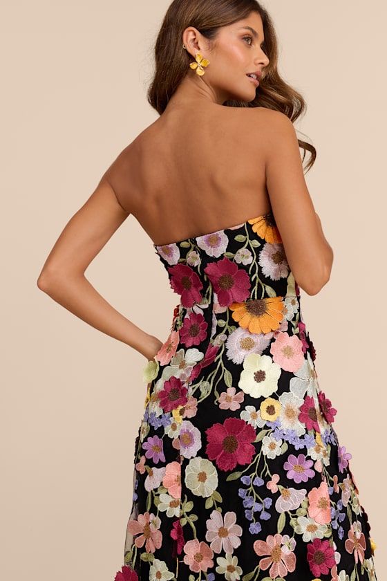 Rosario Black Multi 3D Floral Embroidered Maxi Dress