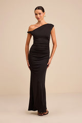 Oriella Black Asymmetrical Ruched Mermaid Maxi Dress