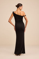 Oriella Black Asymmetrical Ruched Mermaid Maxi Dress