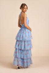 Charmian Light Blue Floral Tulle Tiered Maxi Dress