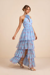 Charmian Light Blue Floral Tulle Tiered Maxi Dress