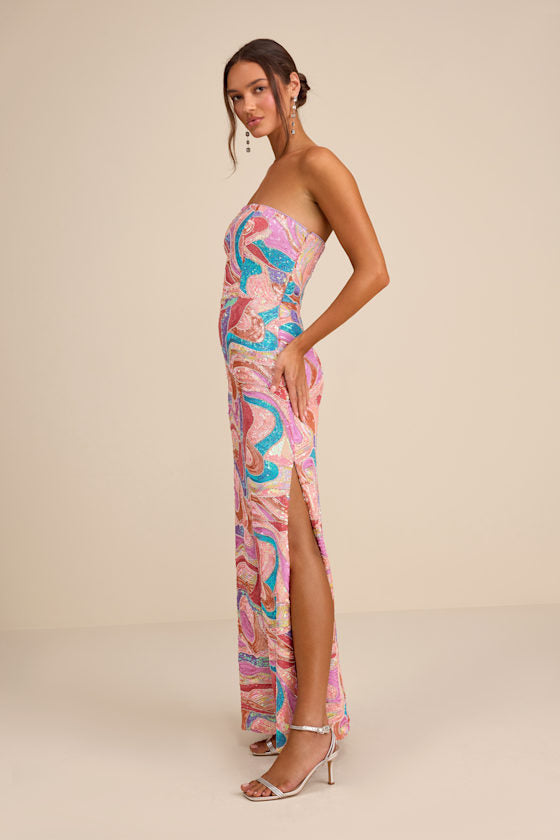 Kera Pink Multi Sequin Strapless Maxi Dress