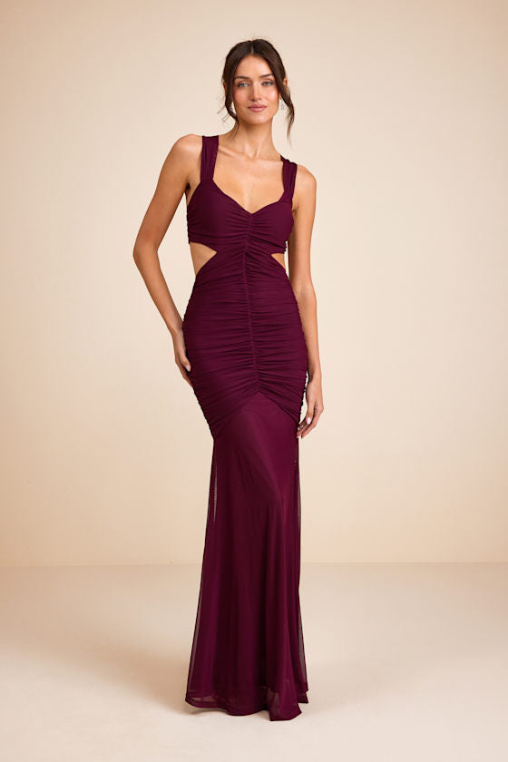 Prestige Plum Mesh Ruched Mermaid Maxi Dress