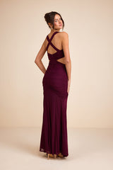 Prestige Plum Mesh Ruched Mermaid Maxi Dress