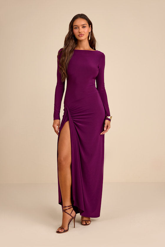 Dion Plum Purple Jersey Knit Long Sleeve Maxi Dress
