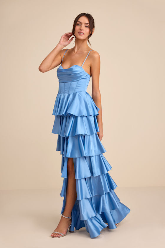 Arletta Light Blue Satin Bustier Tiered Maxi Dress