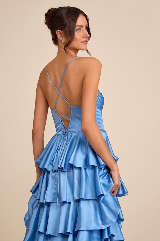Arletta Light Blue Satin Bustier Tiered Maxi Dress