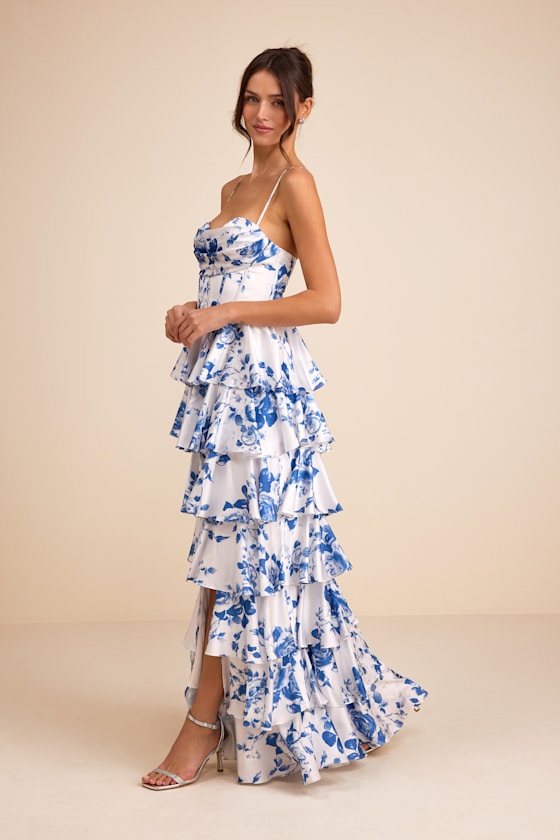 Arletta White and Blue Floral Satin Bustier Tiered Maxi Dress
