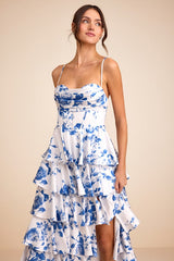 Arletta White and Blue Floral Satin Bustier Tiered Maxi Dress