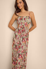 Alara Sage Floral Pleated Cutout Maxi Dress